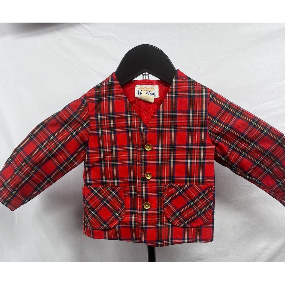 Vintage 60's Good Lad Kids Red Tartan Plaid Preppy Gold Button‎ Sports Coat